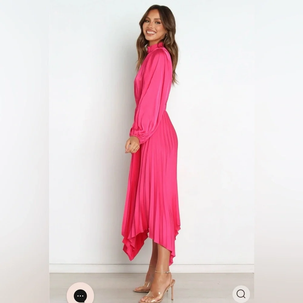 Petal & Pup Pleated Long Sleeve Midi Semi Formal Pink Satin Cocktail Dress US 8 - Picture 5 of 12